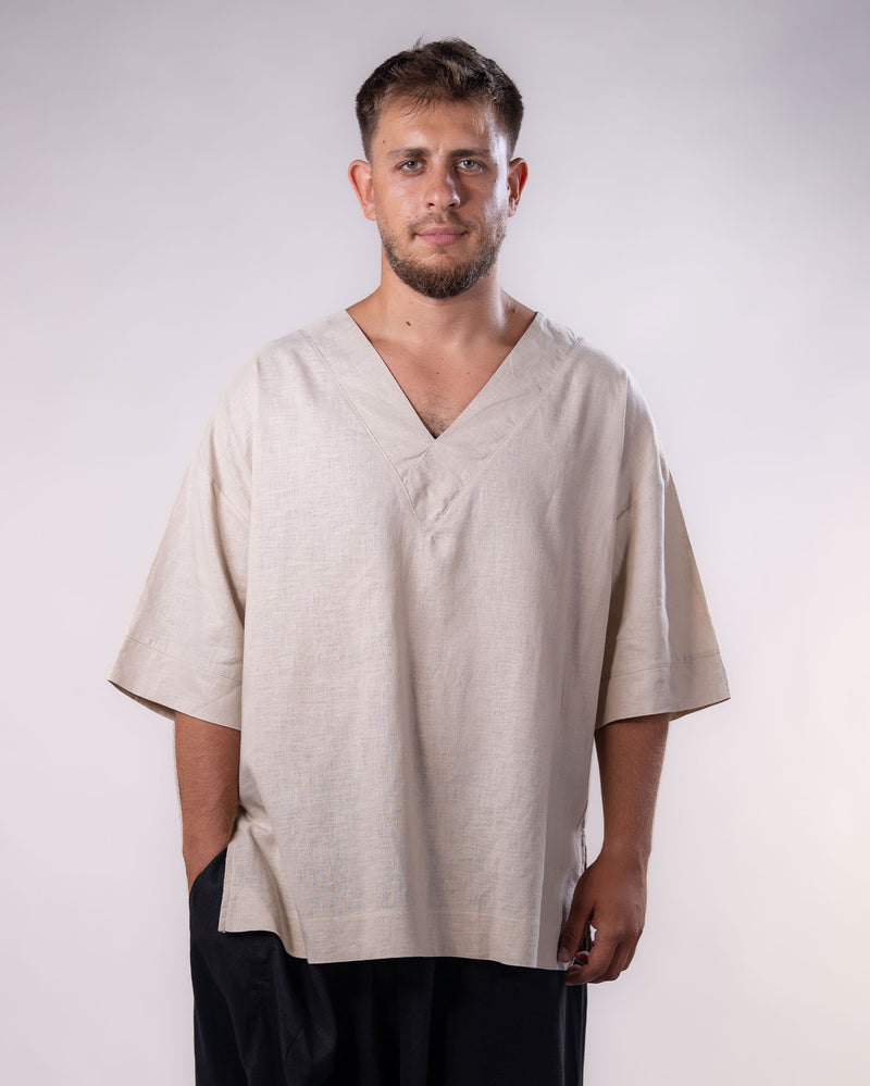 V-Neck Linen Top - Beige