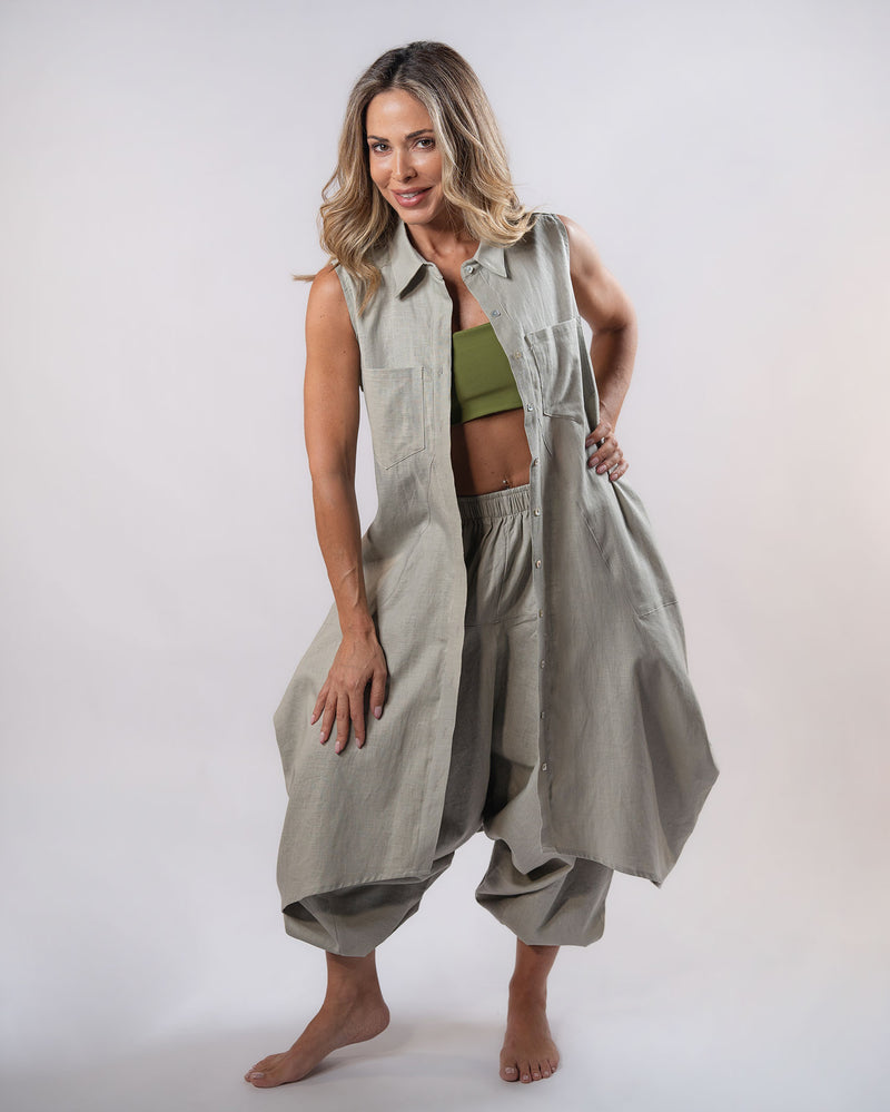 Pure Linen Vest - Khaki