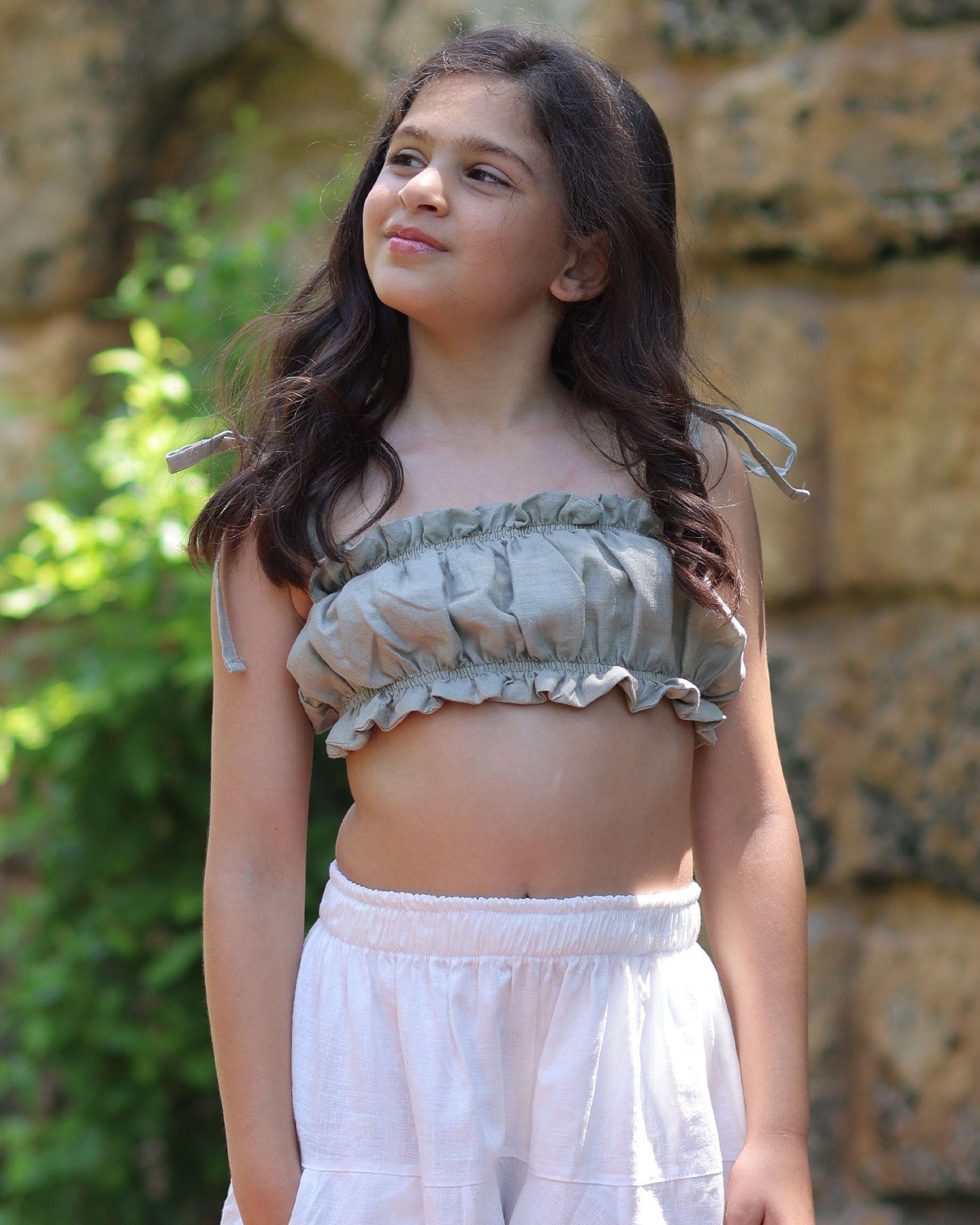 Linen Kids Crop Top - Khaki