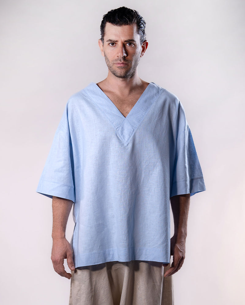 V-Neck Linen Top Men - Light Blue