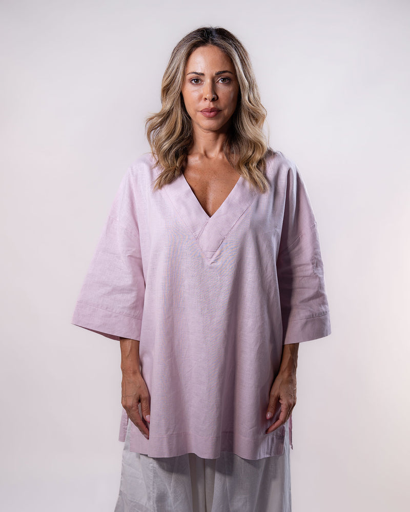 V-Neck Linen Top Women - Light Pink