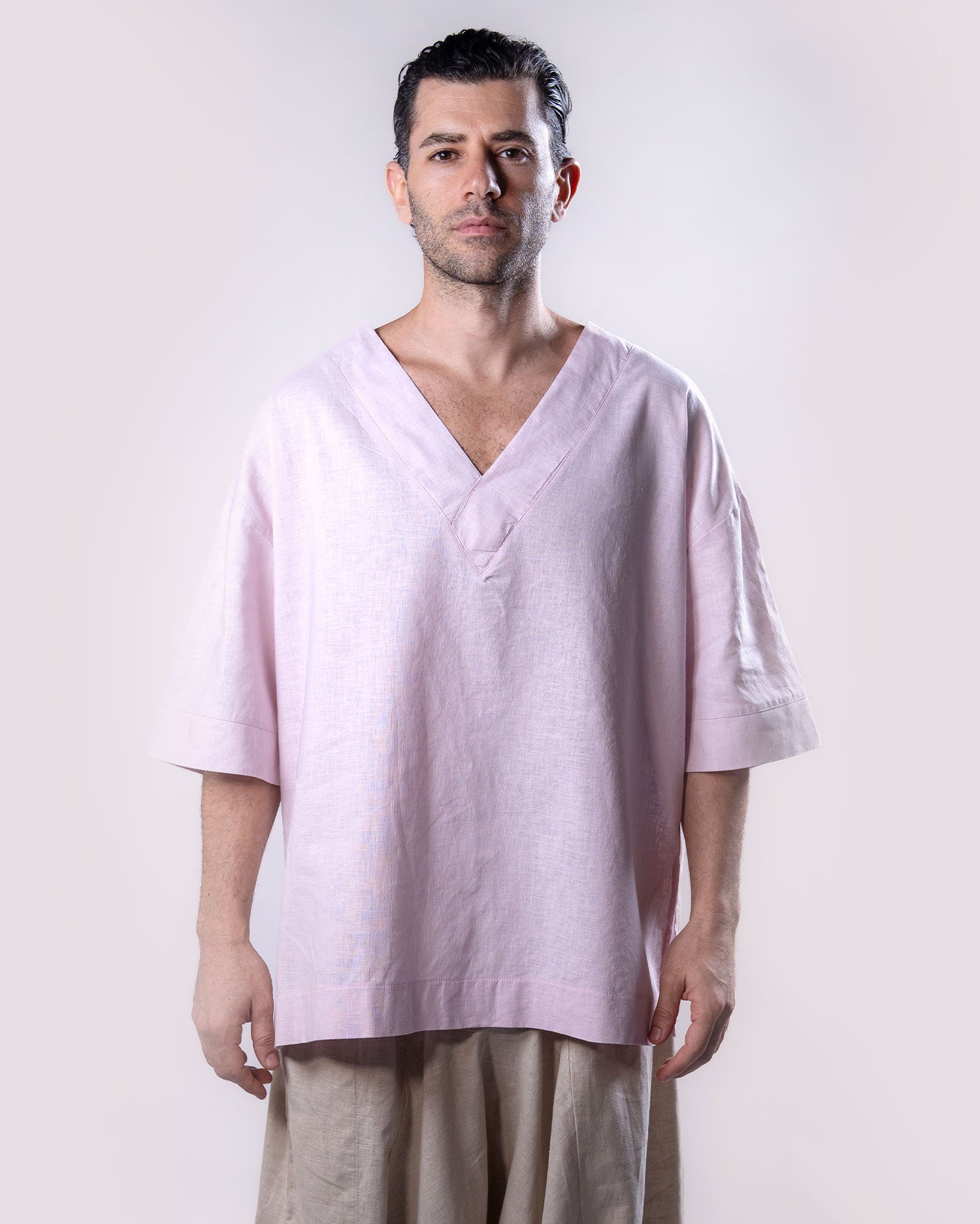 V-Neck Linen Top Men - Light Pink