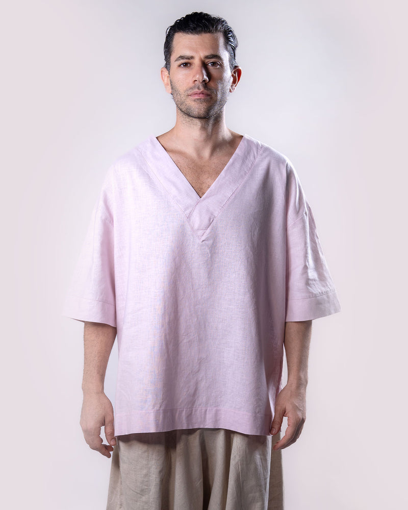 V-Neck Linen Top Men - Light Pink