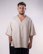 V-Neck Linen Top Men - Beige