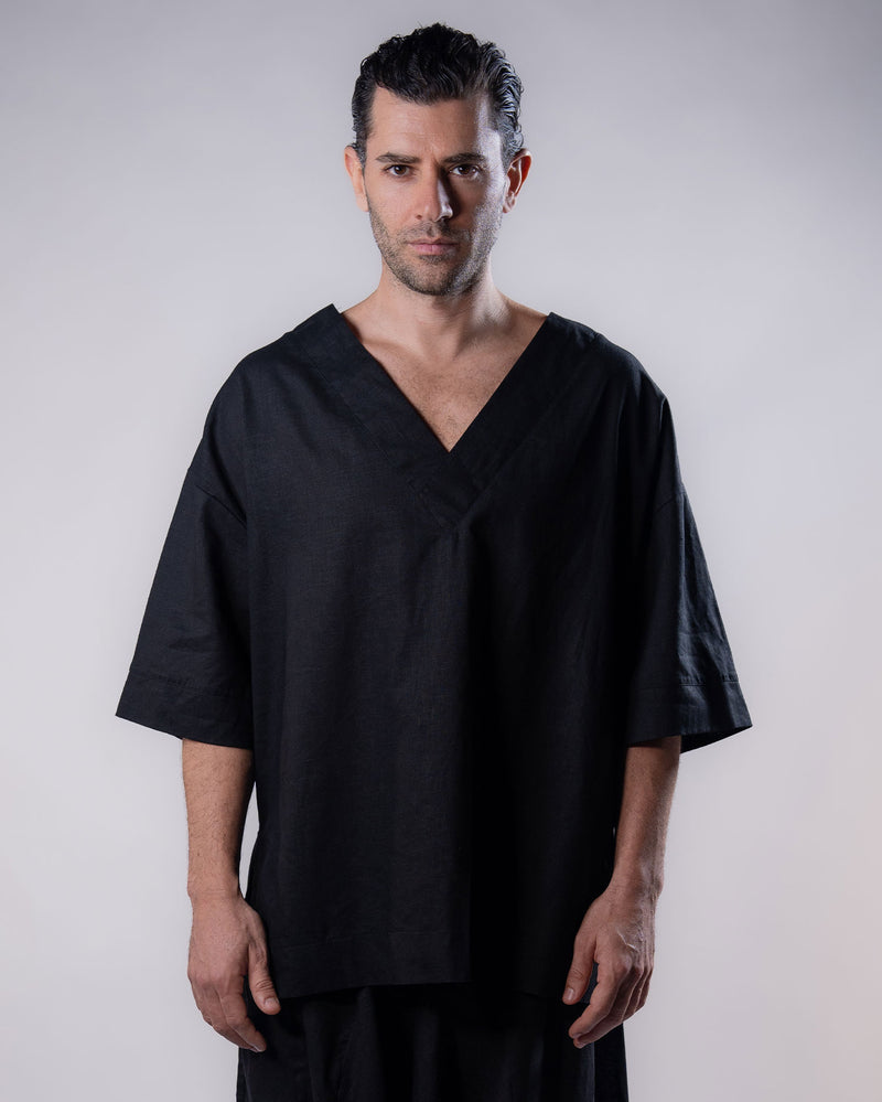 V-Neck Linen Top Men - Black